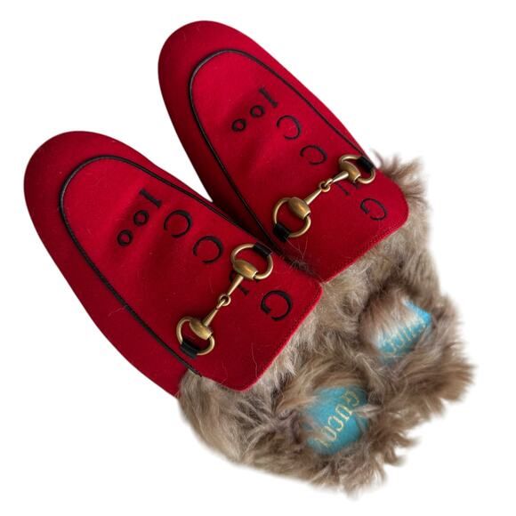 GUCCI Princetwon Horsebit Mule with Fur Gucci 100 Red Size 7 - Picture 10 of 11
